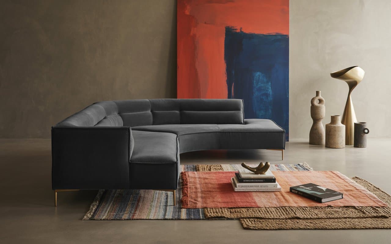 A stylish living room with a modern sofa, layered rugs, statement wall art, and decorative accessories.