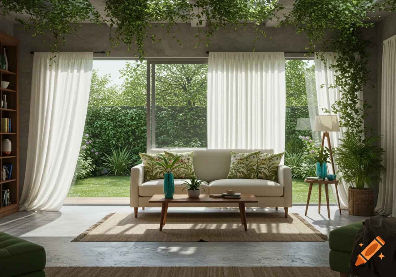Scandinavian living room with large windows, sheer curtains, and sunlight filling the space.