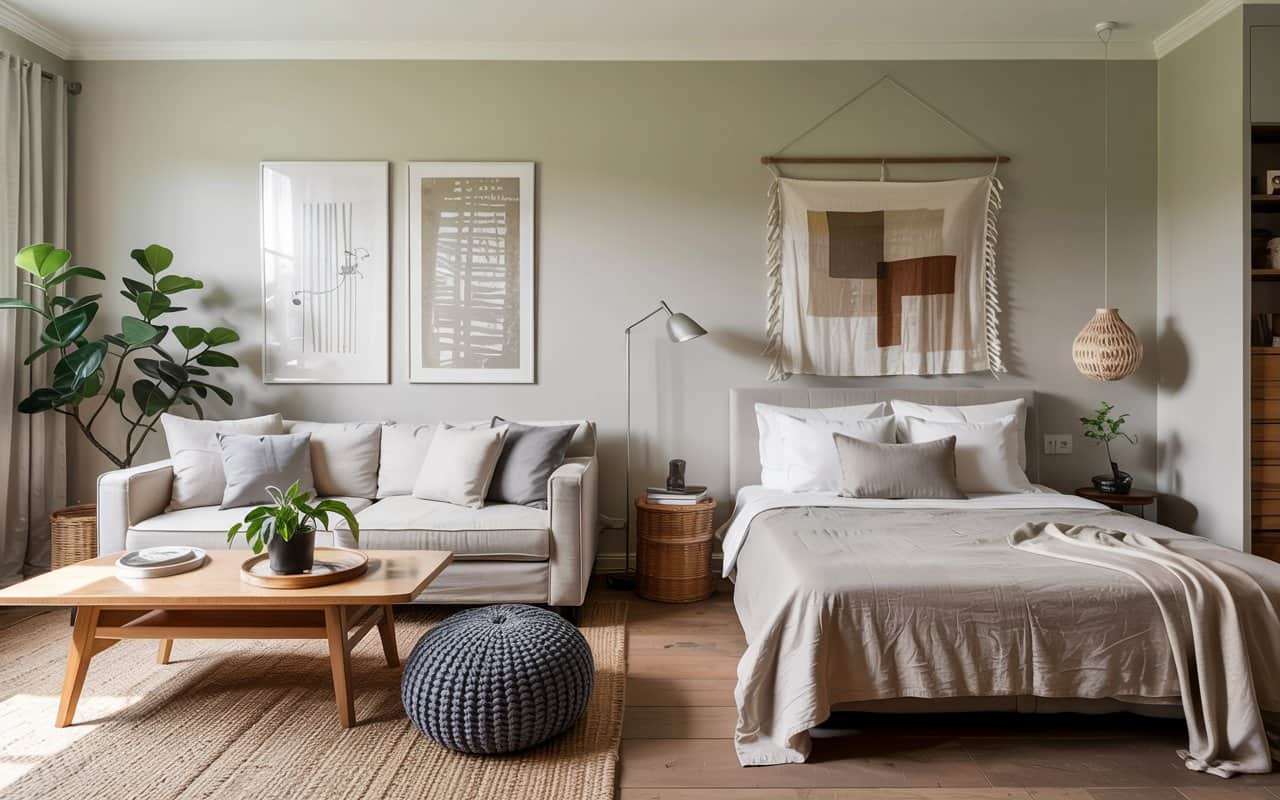 A modern living room with neutral walls, beige sofa, wooden coffee table, soft rug, natural light, minimalist décor, Scandinavian style, bright and airy, Pinterest aesthetic.”