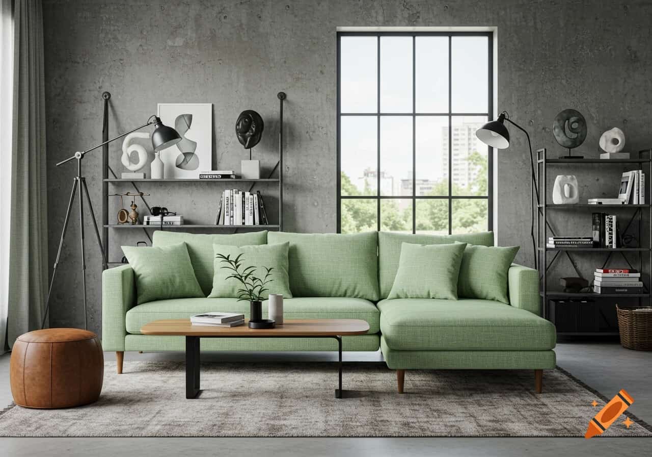 Modern beige sofa with soft fabric, styled in an elegant living room with green decor elements.