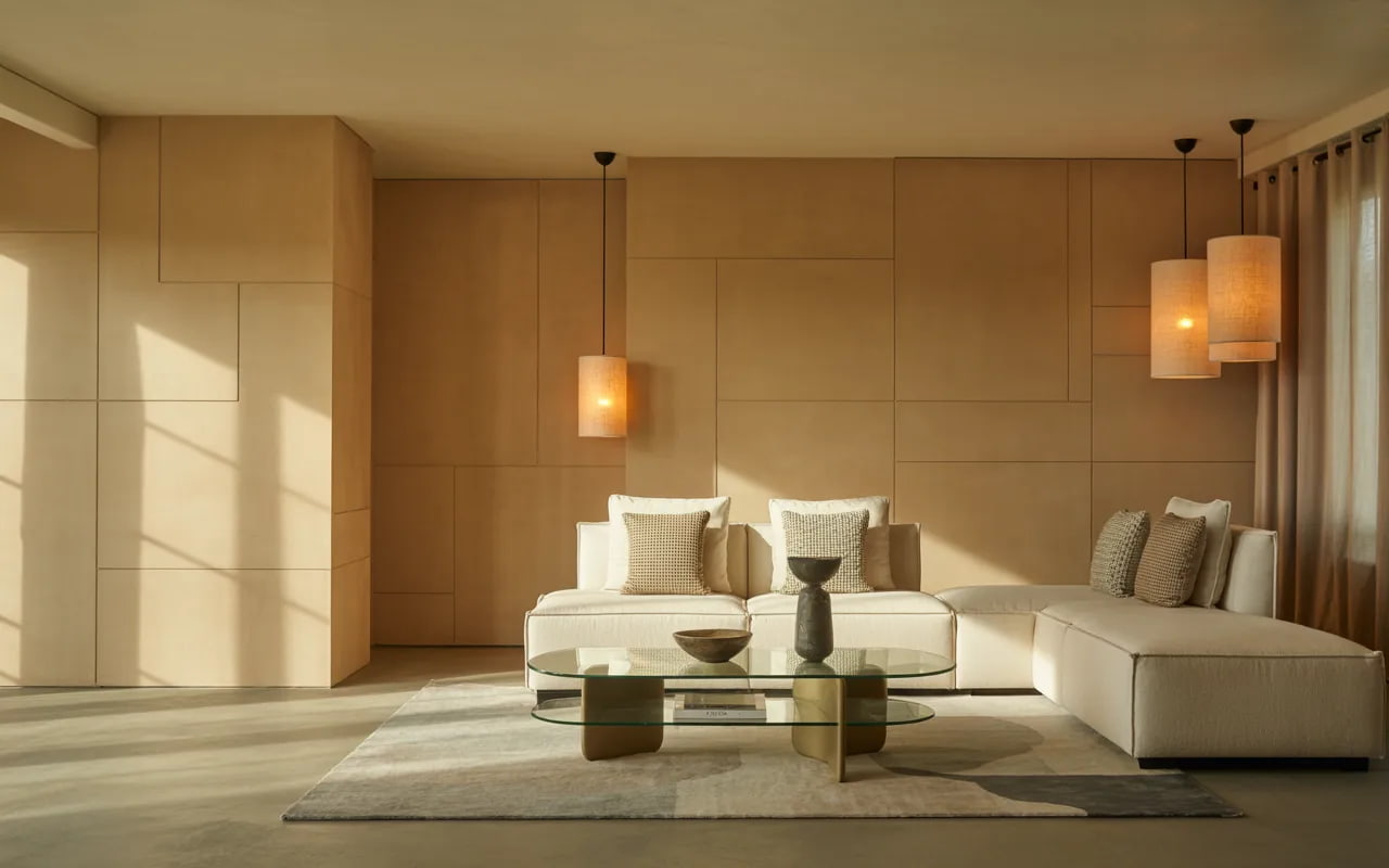 Modern living room with textured beige walls, subtle patterns, and soft lighting