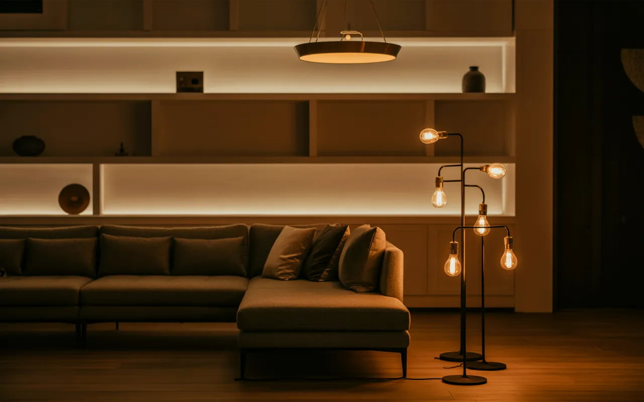Living room with layered cozy lighting, ceiling light, floor lamps, accent LED lights, warm ambiance, modern stylish furniture."