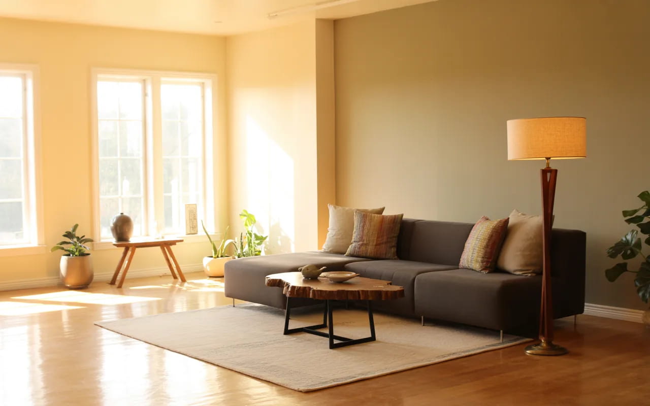 Bright living room with freshly painted neutral walls, modern furniture, natural light, cozy atmosphere