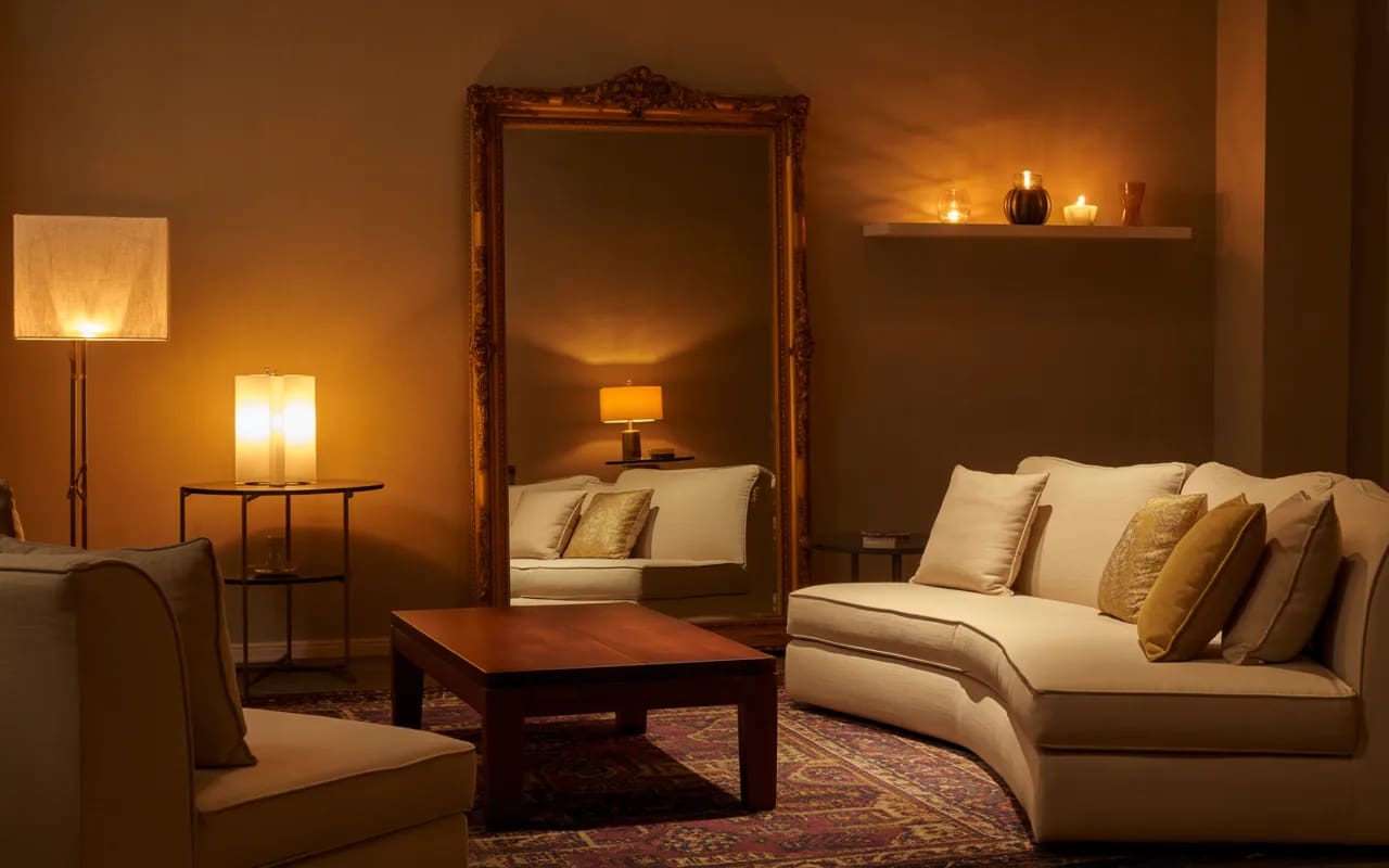 Cozy living room with mirror reflecting warm light, elegant furniture, ambient glow, stylish and inviting interior."