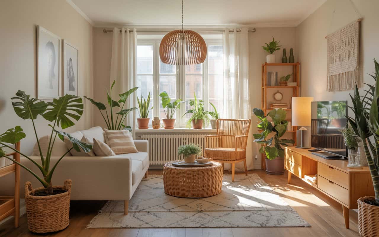 Cozy home decor with indoor plants, wooden furniture, natural textures, warm light, Pinterest aesthetic style”