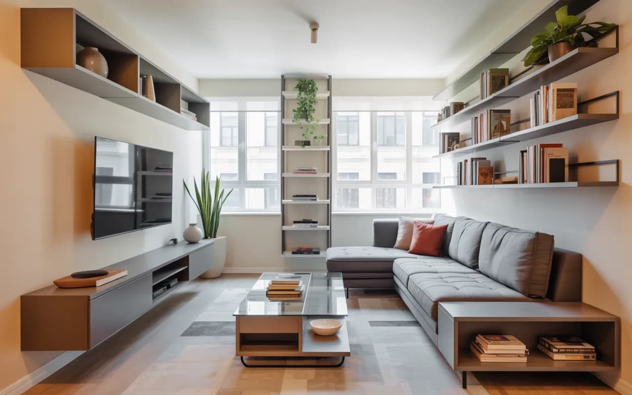 Small apartment living room with compact furniture and smart layout.