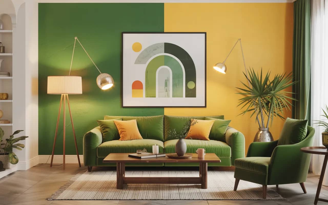 Green and yellow living room with layered lighting, floor lamp, cozy modern interior, bright Pinterest-ready décor