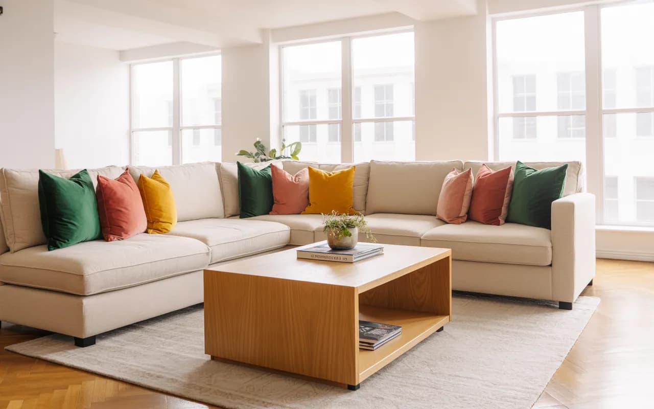 Apartment living room with neutral furniture and vibrant accent cushions.