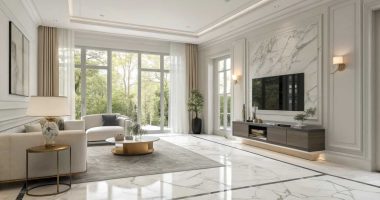 White and Grey Marble Tiles Living Room