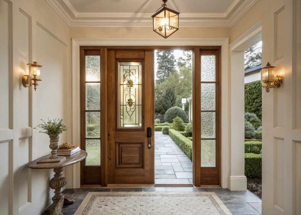 Small home entrance decor luxury with statement wooden door, brass handle, frosted glass panels, elegant lighting