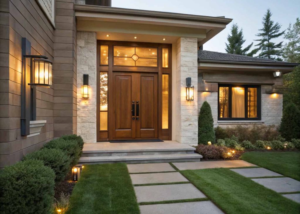 Luxury home entrance decor with statement wooden door, elegant hardware, warm lighting, stylish modern exterior