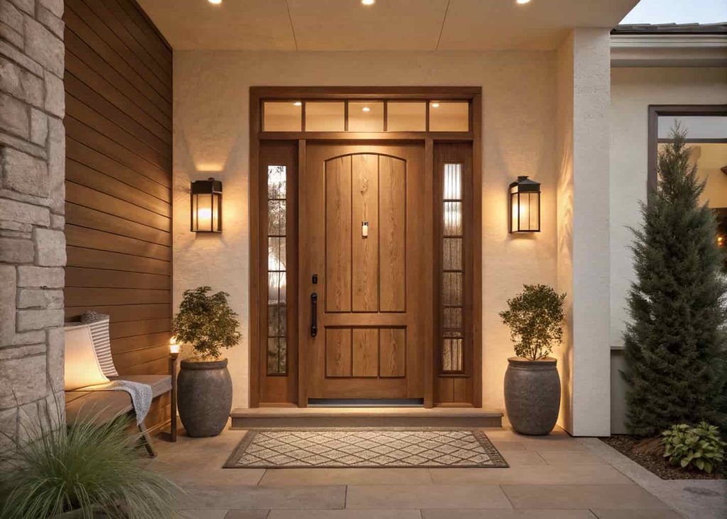Elegant wooden entrance door with warm lighting, modern home entrance decor, neutral tones, stylish handle, cozy and welcoming look