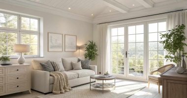 A bright modern home interior with neutral tones, natural sunlight, minimalist furniture, cozy and elegant atmosphere