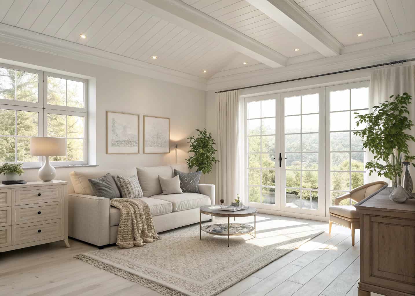 A bright modern home interior with neutral tones, natural sunlight, minimalist furniture, cozy and elegant atmosphere