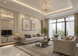 Luxury Korean rich house living room, modern elegant interior, neutral tones, natural light, high-end aesthetic”