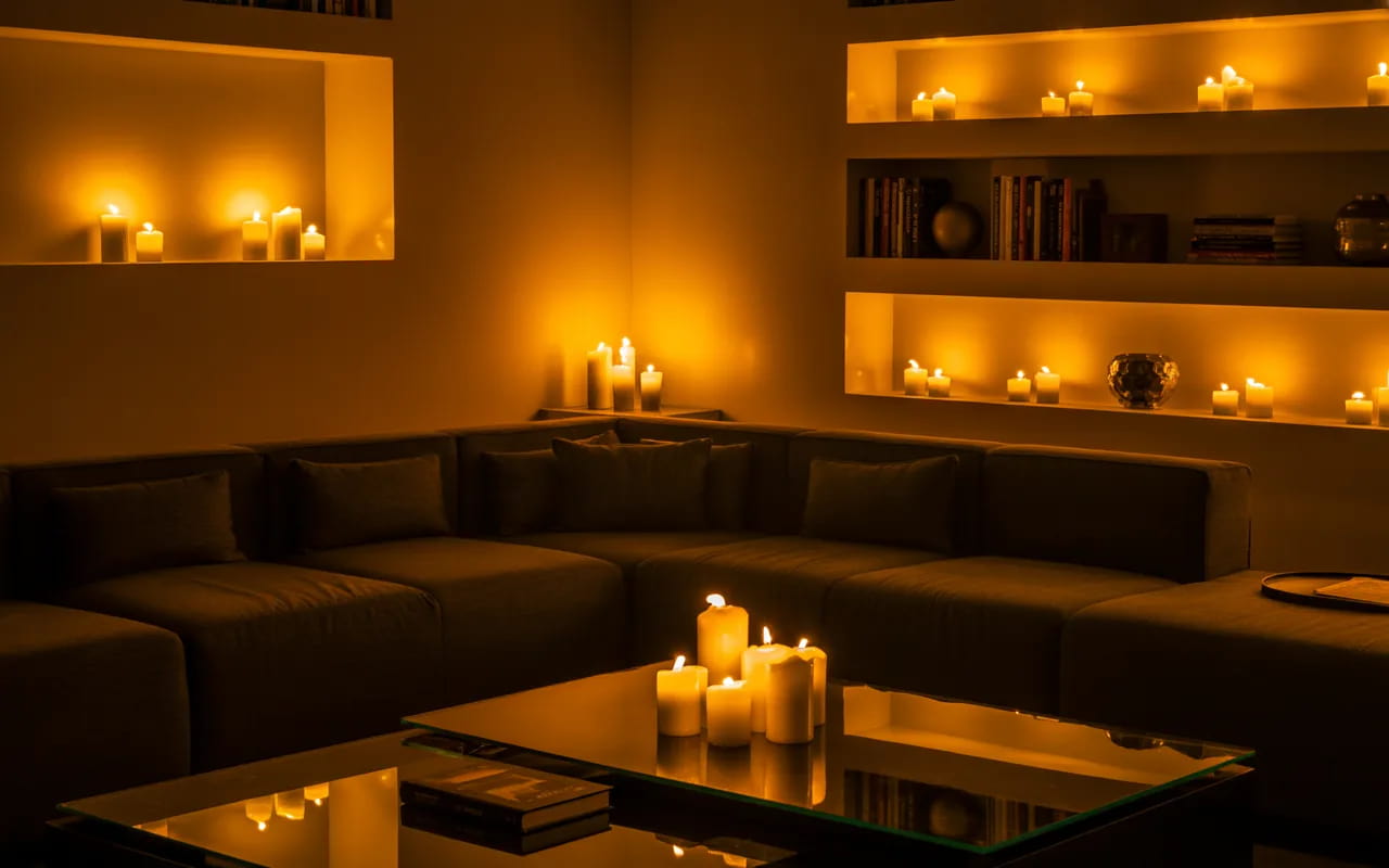 "Cozy living room with candles on coffee table and shelves, warm ambient glow, elegant modern furniture, inviting atmosphere."