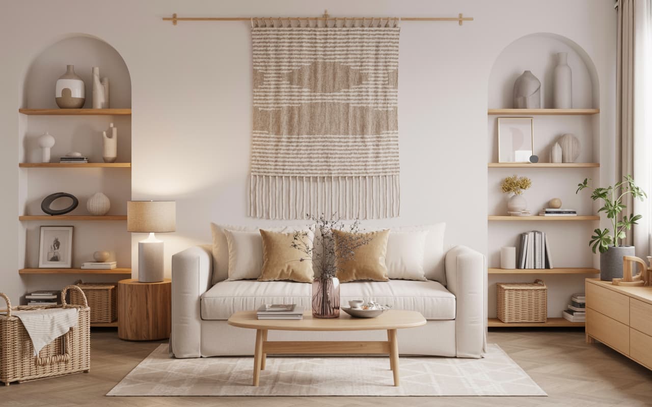 DIY painted vases on a shelf, modern living room, creative decor