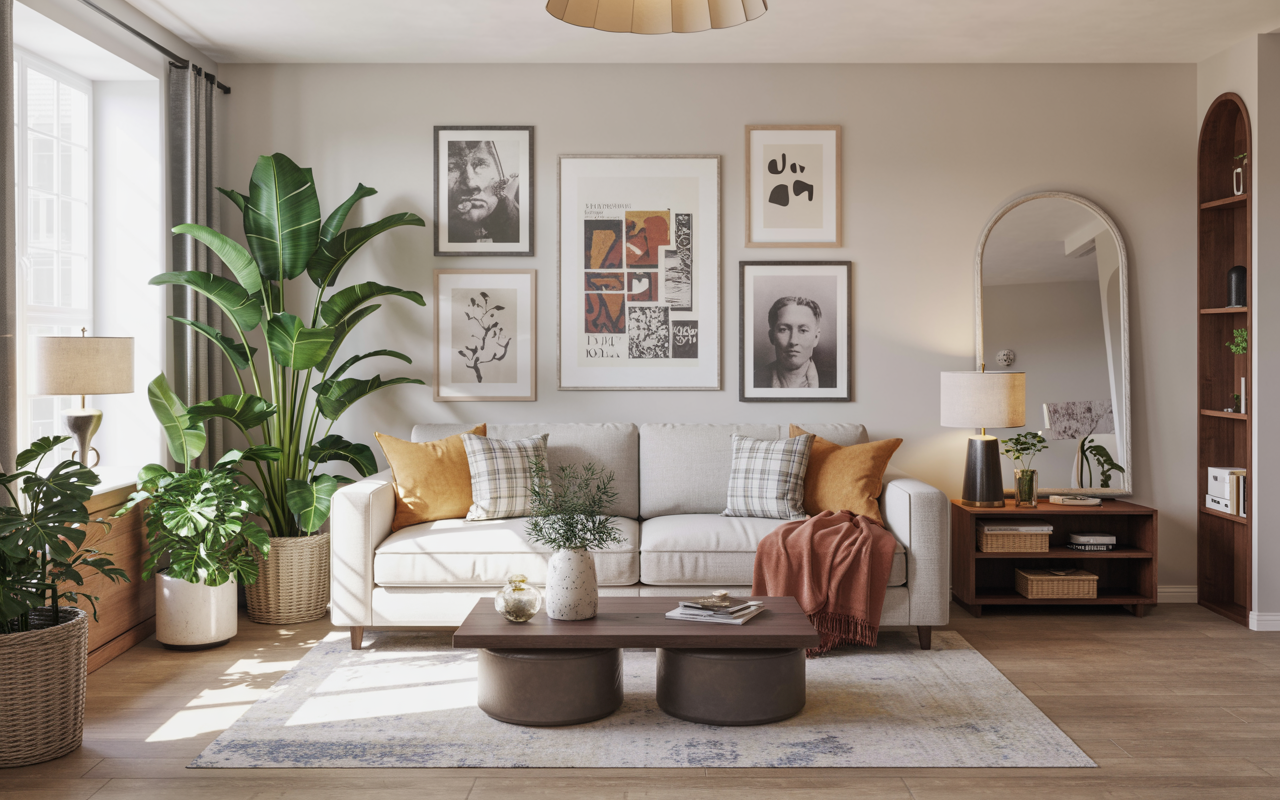 Modern living room with multi-functional furniture, hidden storage ottomans, stylish layout