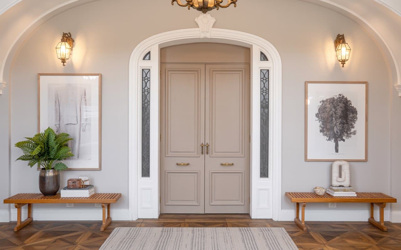 Neutral color palette home entrance decor entryway, soft tones, elegant modern design