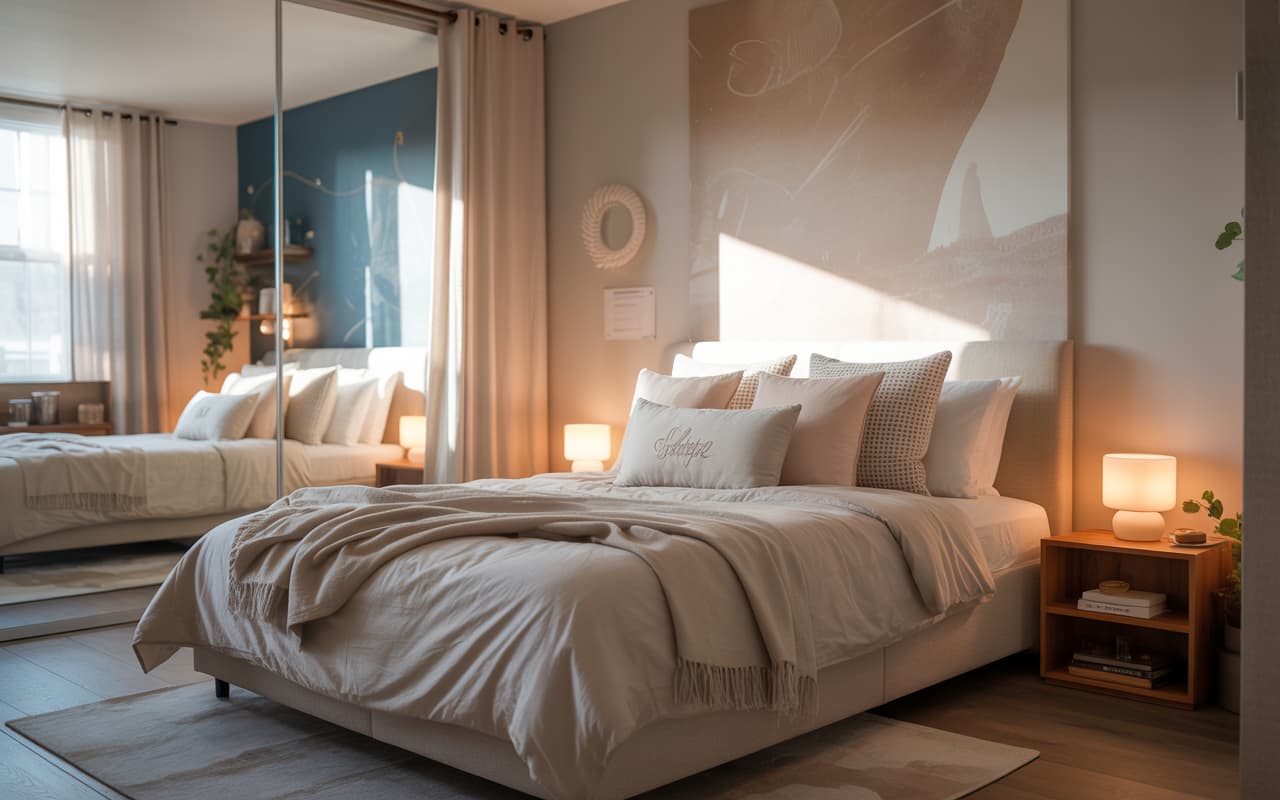 Bright bedroom with a large floor mirror, neutral walls, sunlight reflection, cozy and modern style