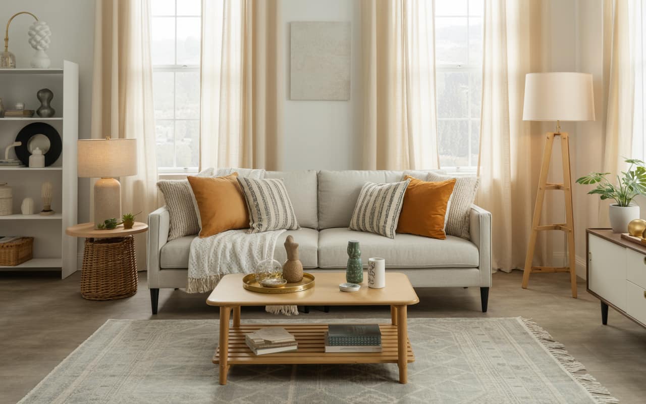 A living room with patterned throw pillows, layered textures, light curtains, and small decor accents, styled to be budget-friendly yet chic