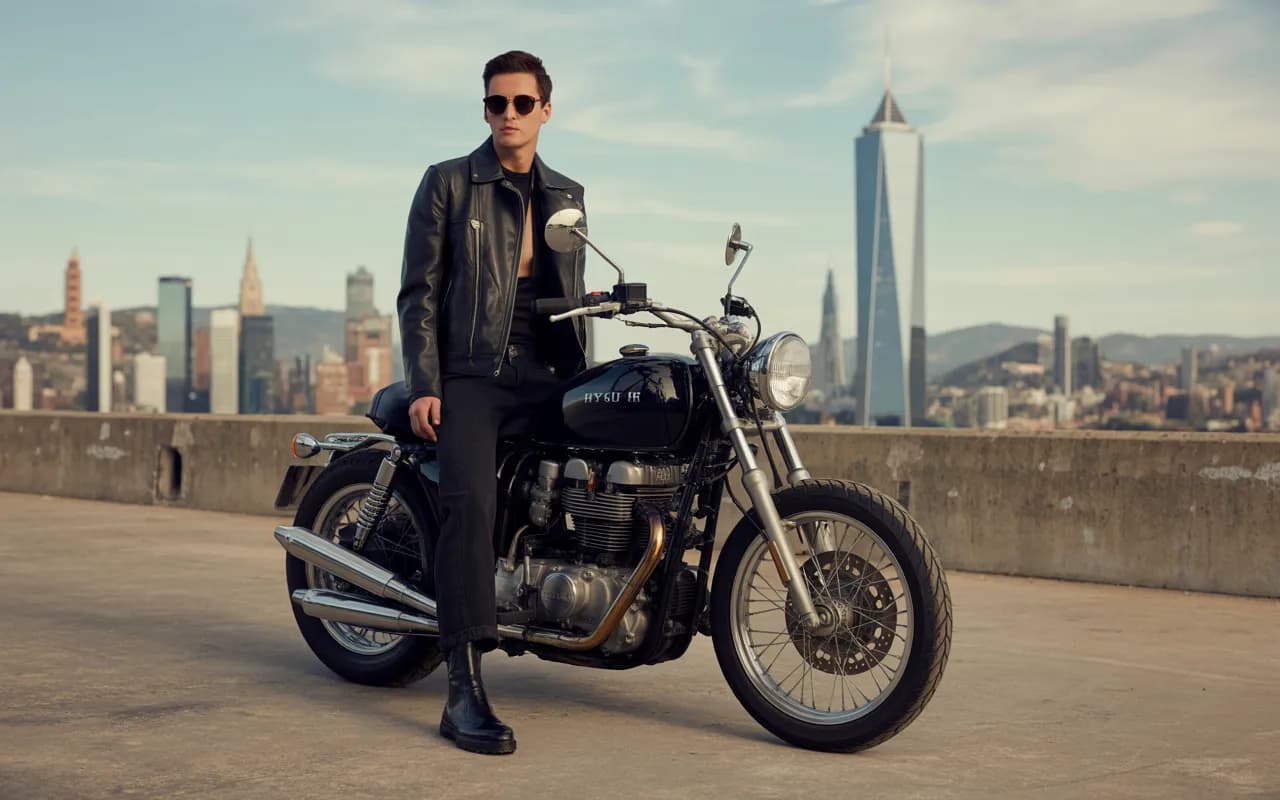 Global fashion campaign with motorcycle, international city background, high-end styling, cinematic wide-angle shot
