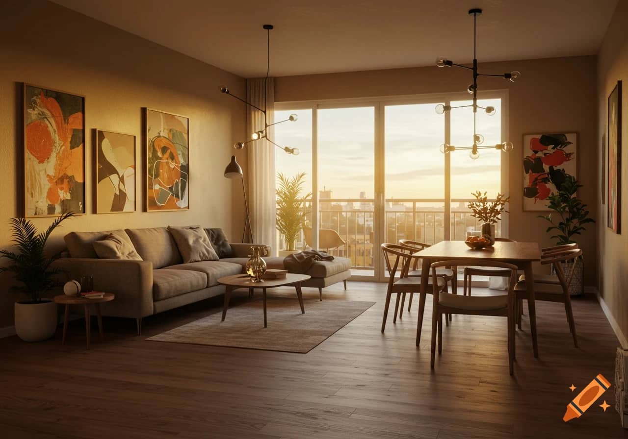 Scandinavian living room with soft lighting, floor lamps, and cozy evening ambiance.