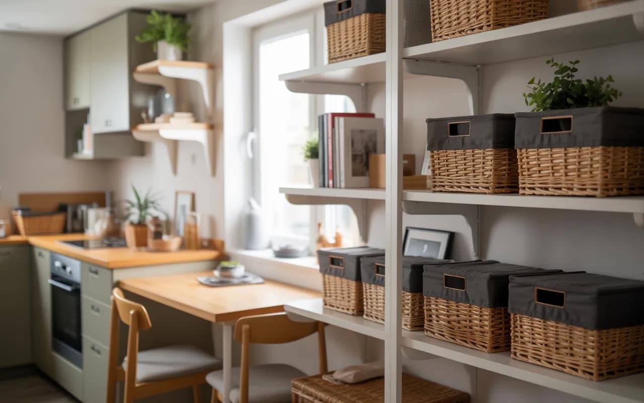 Small kitchen and living room with wall-mounted shelves and storage baskets.