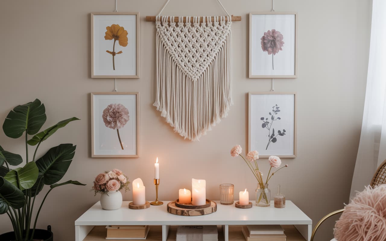 Boho hanging flower decor with macramé, soft natural tones, cozy corner, Pinterest aesthetic home