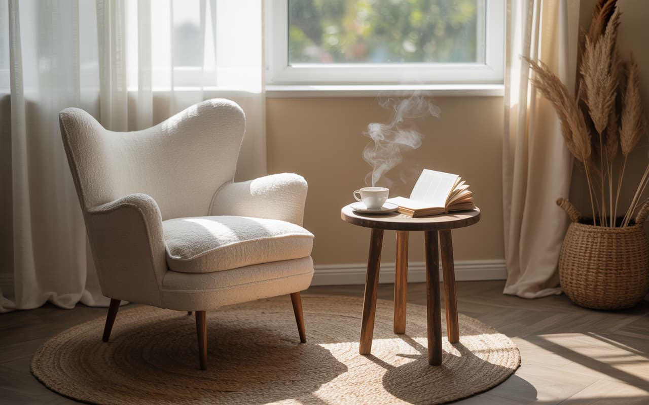 A sun-drenched reading nook by a window. A white boucle armchair sits on a round jute rug. A small wooden side table holds a steaming cup of coffee and an open book. Soft sheer curtains filter the sunlight.
