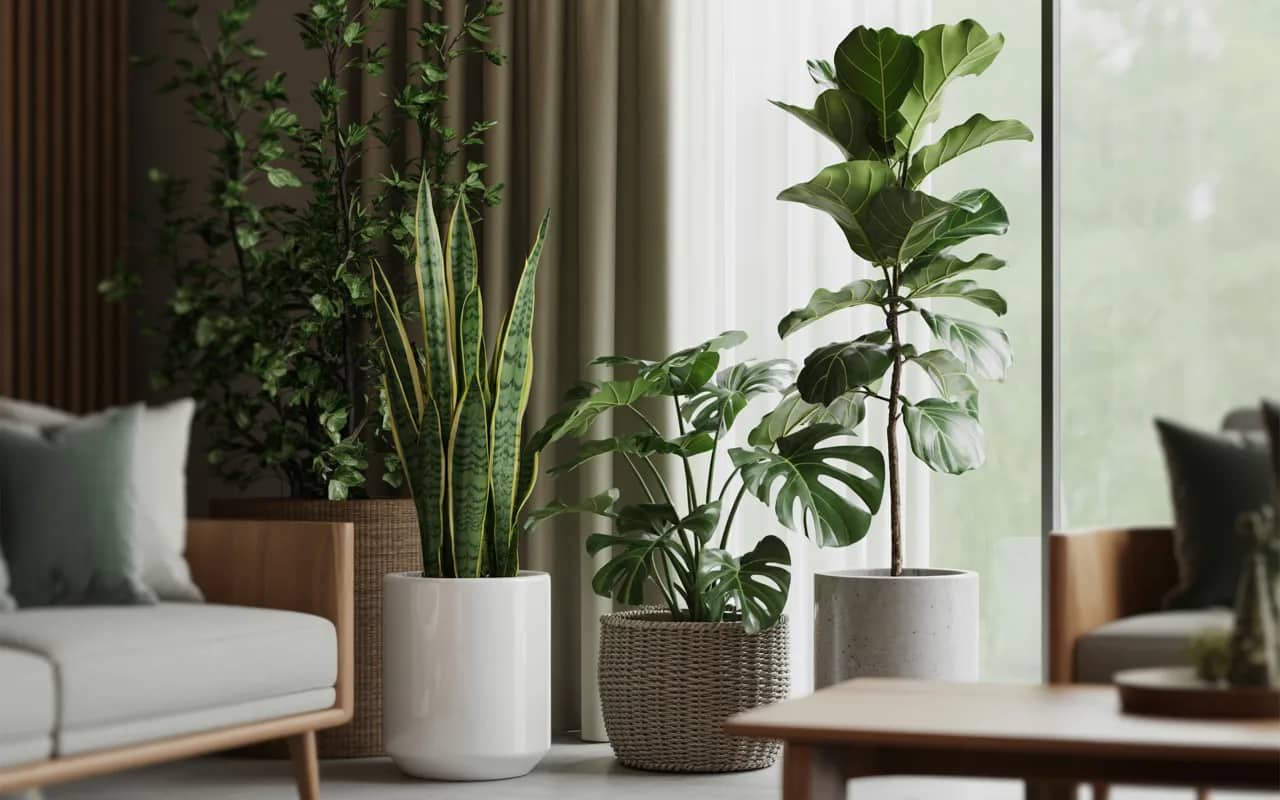 Living room with snake plant, monstera, fiddle leaf fig, stylish planters, modern indoor plant arrangement