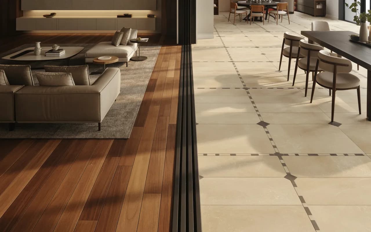 Open-plan living room with hardwood seating area and tiled dining zone.