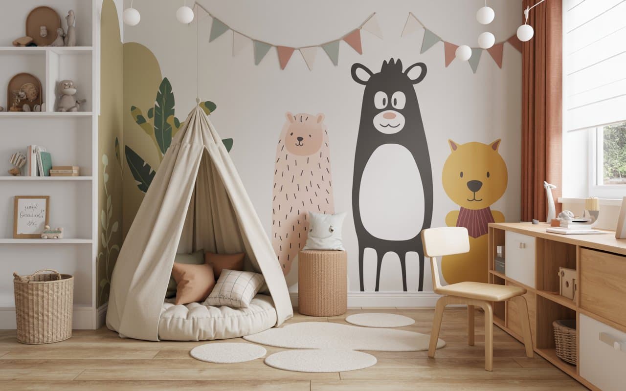 Kids room with animal-themed wall decals, cozy reading nook, bright playful colors