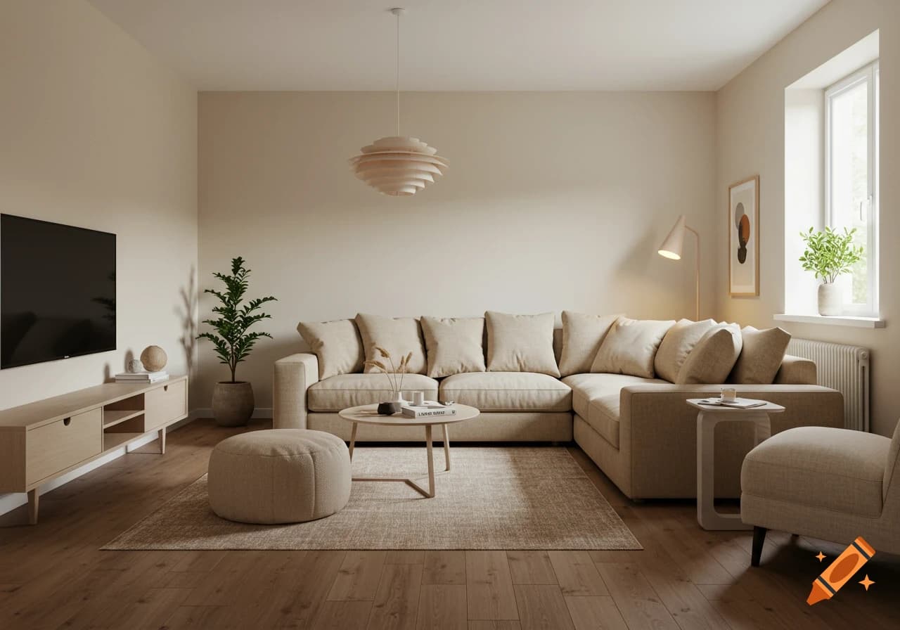 Cozy Scandinavian living room with clean lines, soft textures, and neutral color palette.