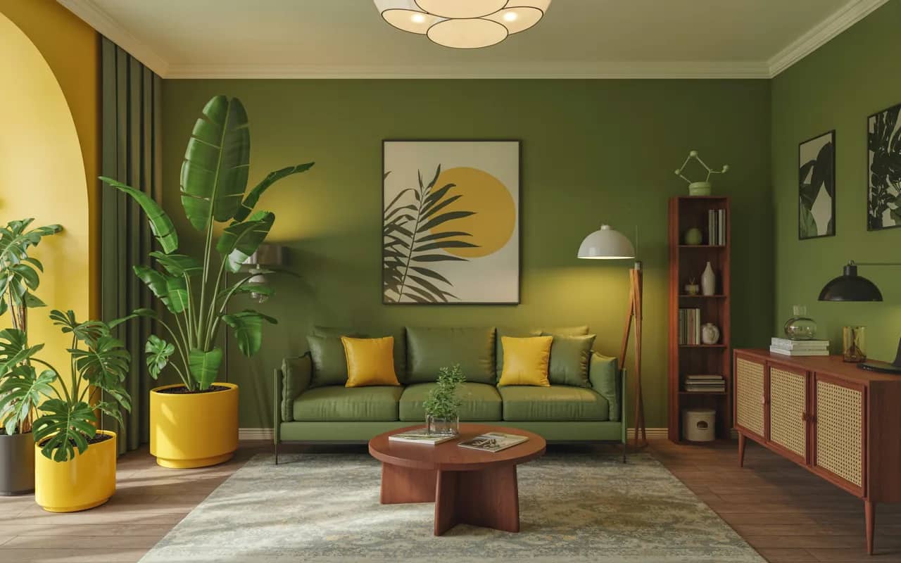 Green and yellow living room with large leafy indoor plants in yellow pots, wooden furniture, and cozy green sofa.