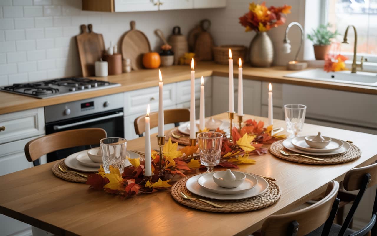 Seasonal kitchen table decor with autumn leaves, candles, and cozy tableware, Pinterest-friendly style.