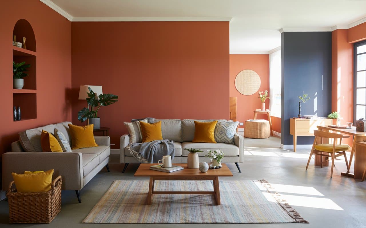 “Living room with gray sofa, layered velvet cushions, wooden coffee table, textured rug, bright airy interior, Pinterest-style décor.”