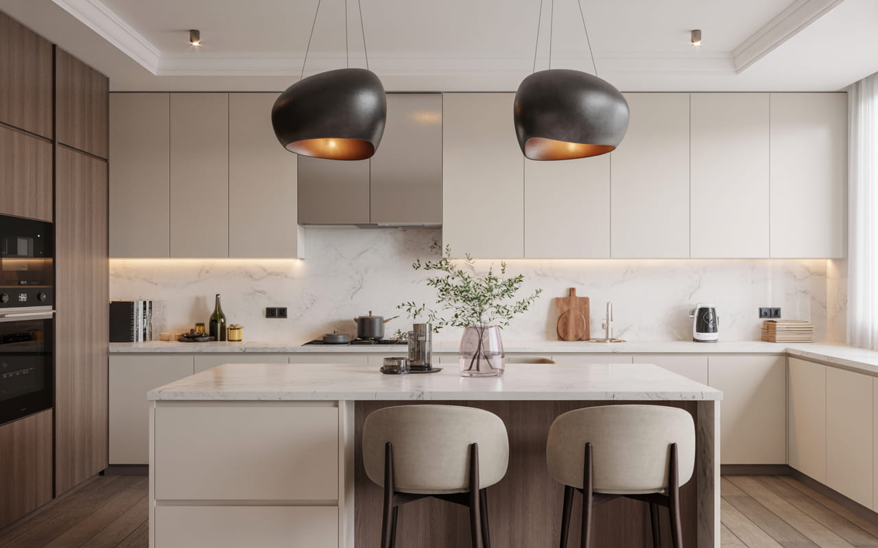 Contemporary kitchen with black pendant lights, under-cabinet LED lights, marble countertops, neutral-toned cabinets, stylish and bright interior
