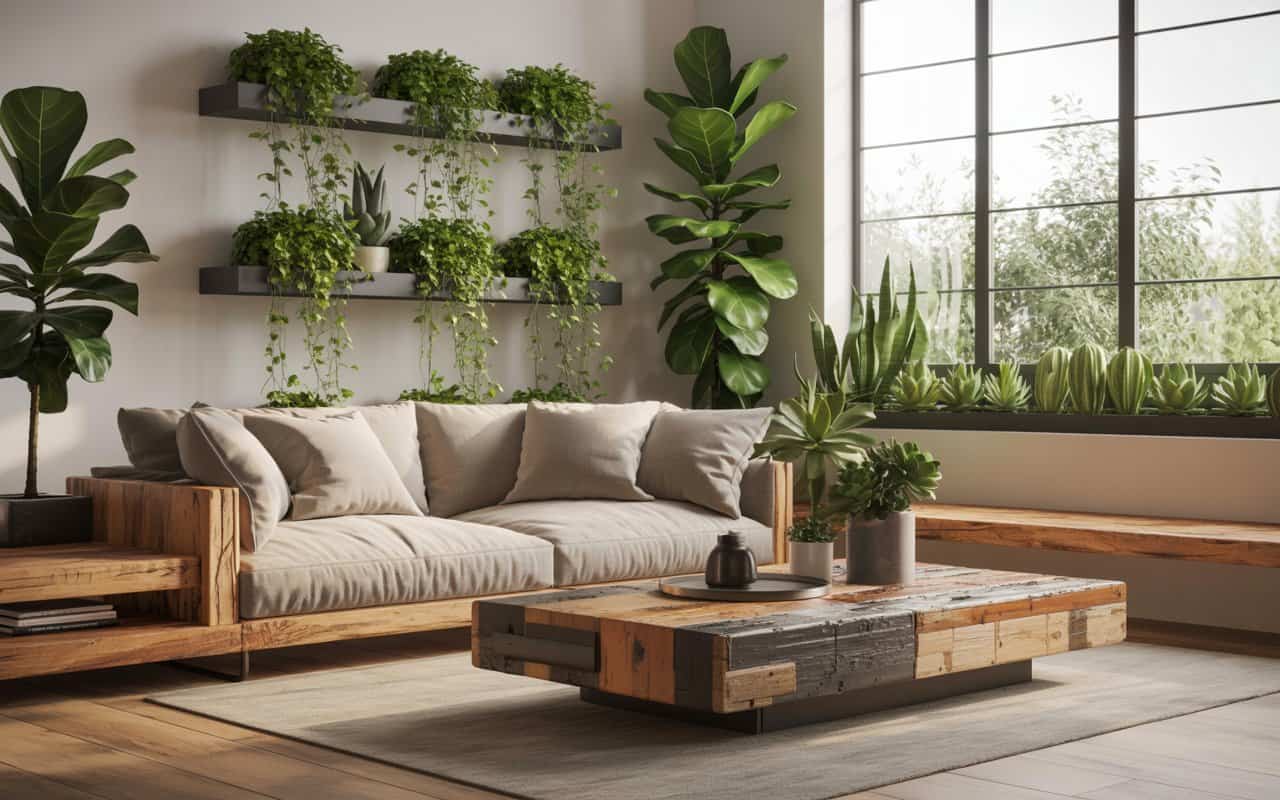 Eco-friendly modern living room with recycled furniture and indoor plants