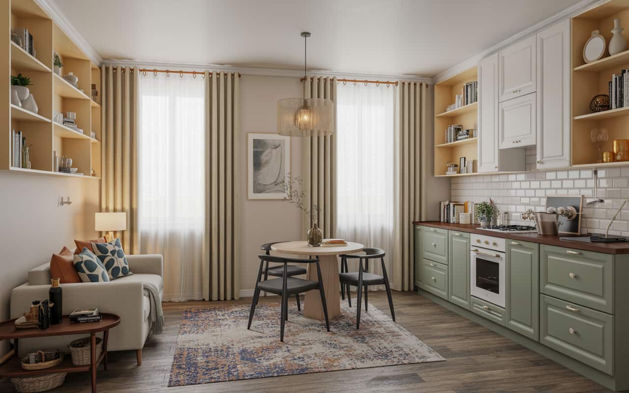 Kitchen with open shelving, painted cabinets, decorative accessories