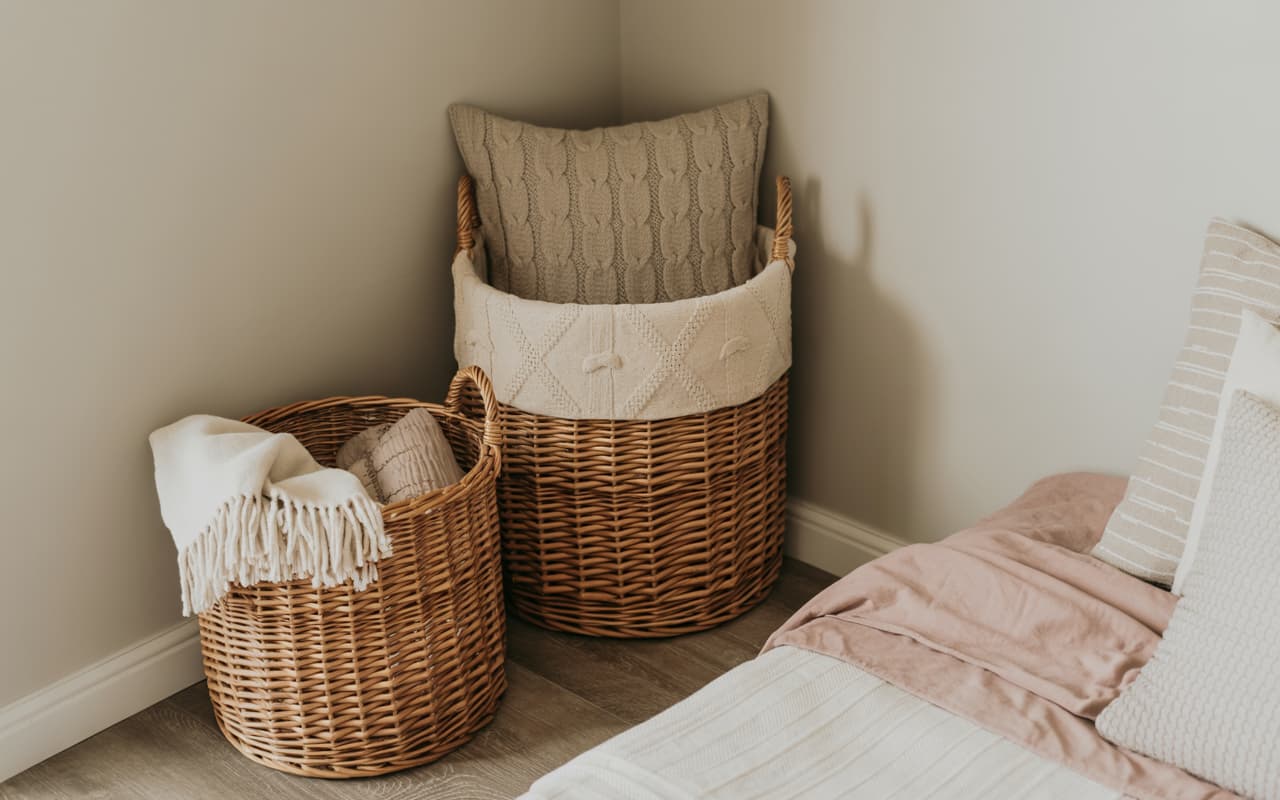 A modern bedroom corner with decorative storage baskets holding blankets and pillows, clean and cozy aesthetic