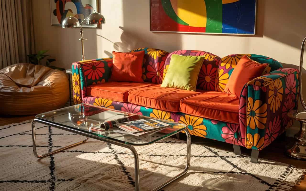 “2000s living room with colorful overstuffed sofa, glass coffee table, bean bag, chrome accents, playful retro design”