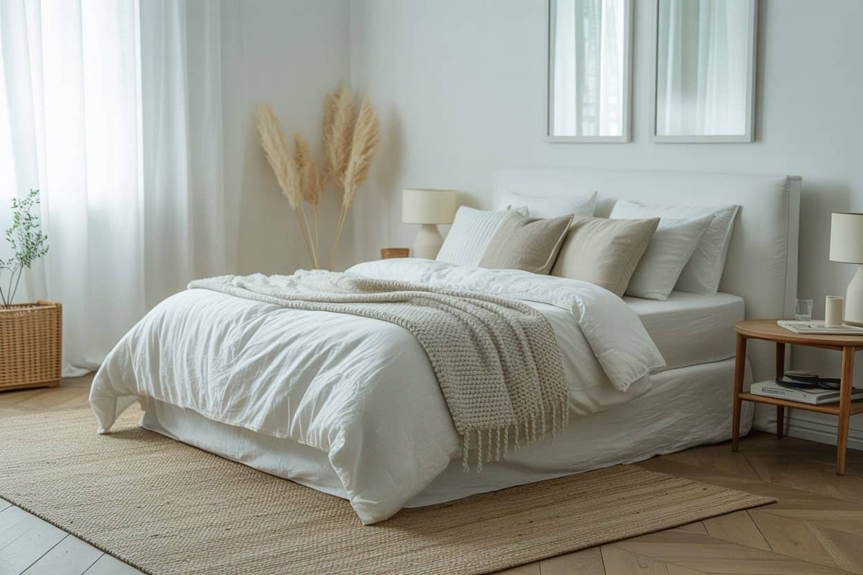 “Minimalist bedroom with white walls, soft linen bedding, neutral rug, natural light, modern elegant interior, bright and airy, Pinterest aesthetic.”