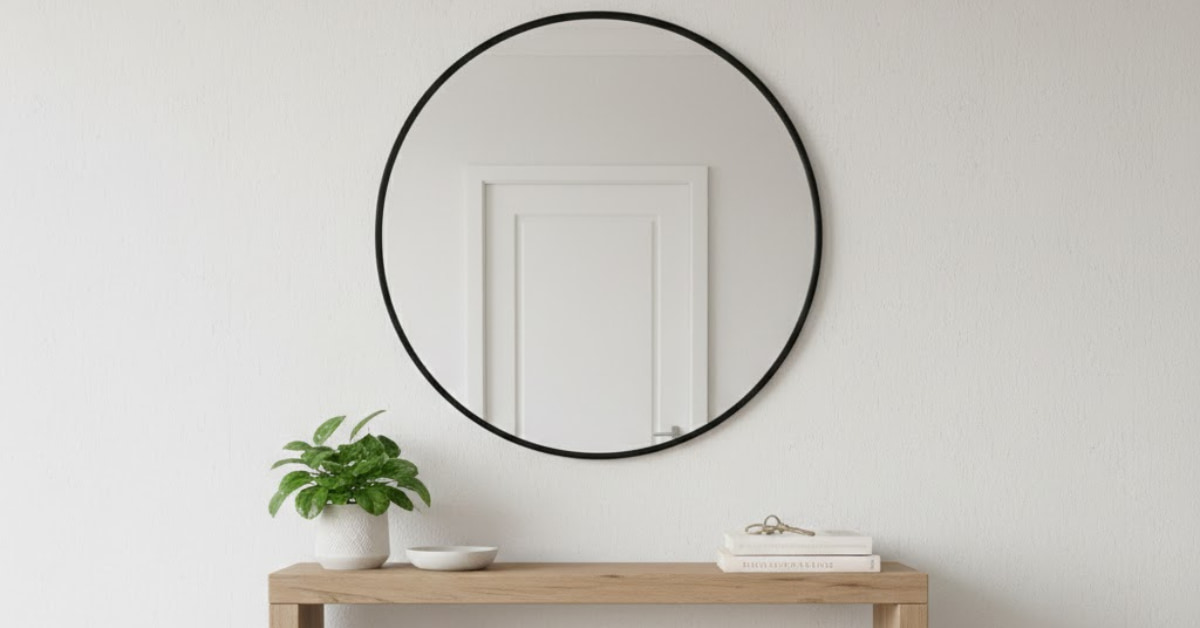 Apartment small home entrance wall decor with round mirror, minimalist console, bright and airy compact entryway