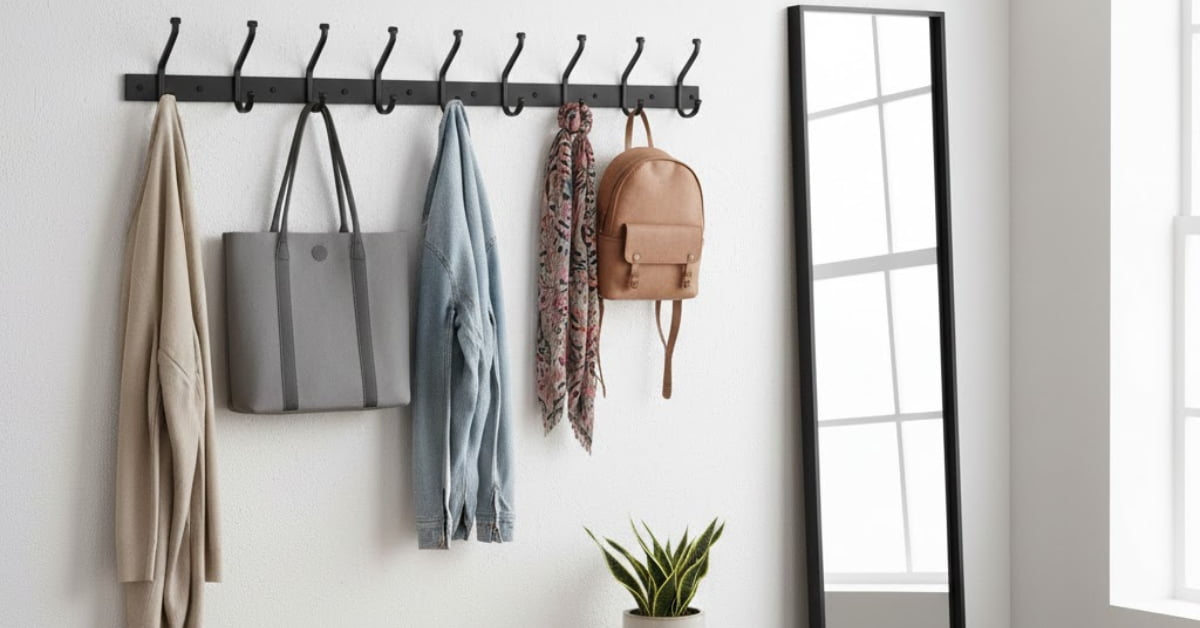 Apartment small home entrance wall decor with wall hooks, coats and bags hung neatly, compact stylish entryway