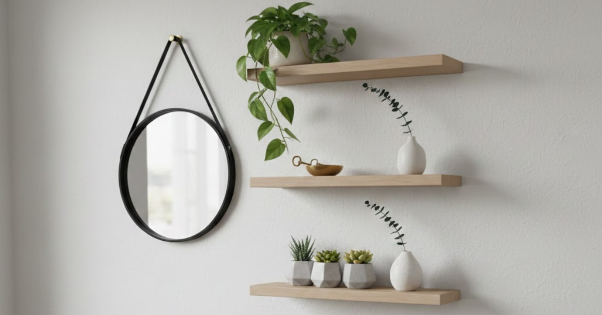 Apartment small home entrance wall decor with floating shelves, potted plants, keys, and minimalist accessories