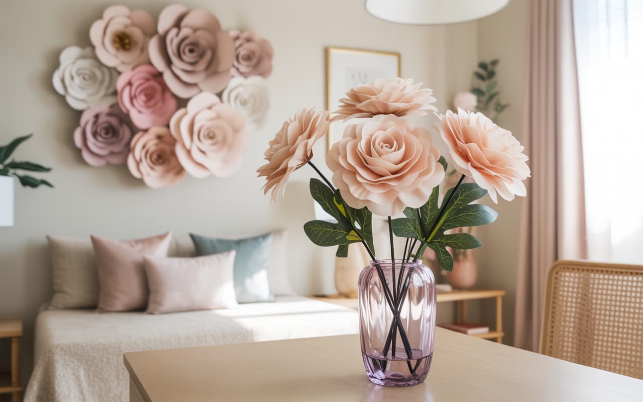 Minimalist table with fresh flower vase arrangement, natural sunlight, neutral home interior, Pinterest aesthetic photography