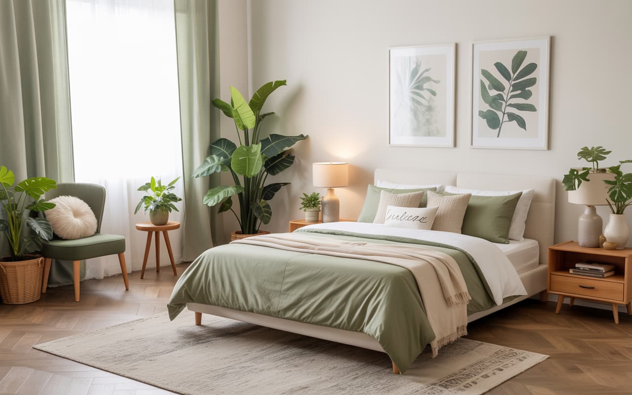 “Bedroom with green bedding, layered textures, soft rug, wooden furniture, cozy modern interior, Pinterest aesthetic.”