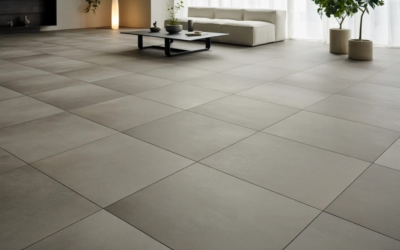 Living room with light grey large-format tiles and minimalist decor.