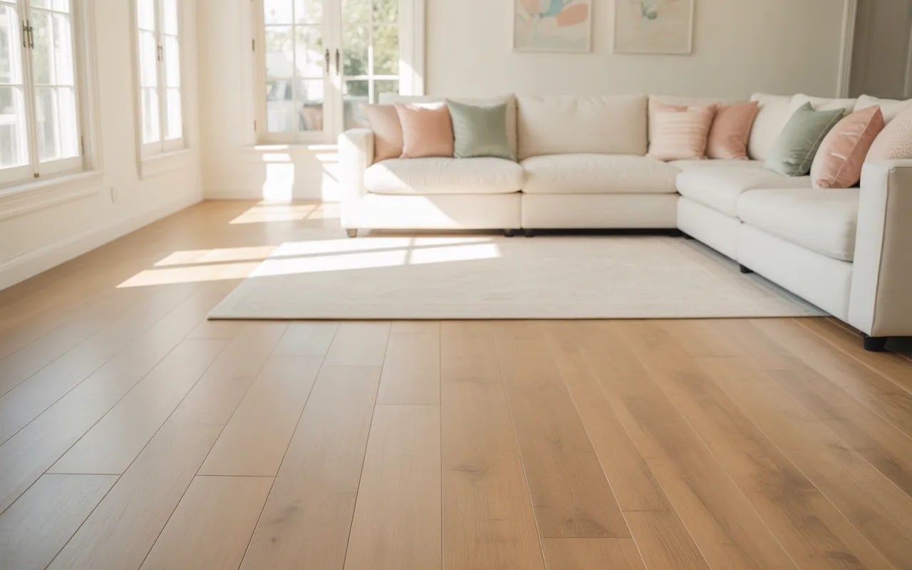 Living room with light wooden flooring, white sofa, and pastel accents.